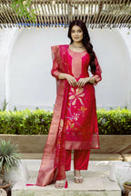 The52 Women's Beautiful Printed Work Jacquard Organza Fabric Straight Kurta Pant and Dupatta Set | Grocsy