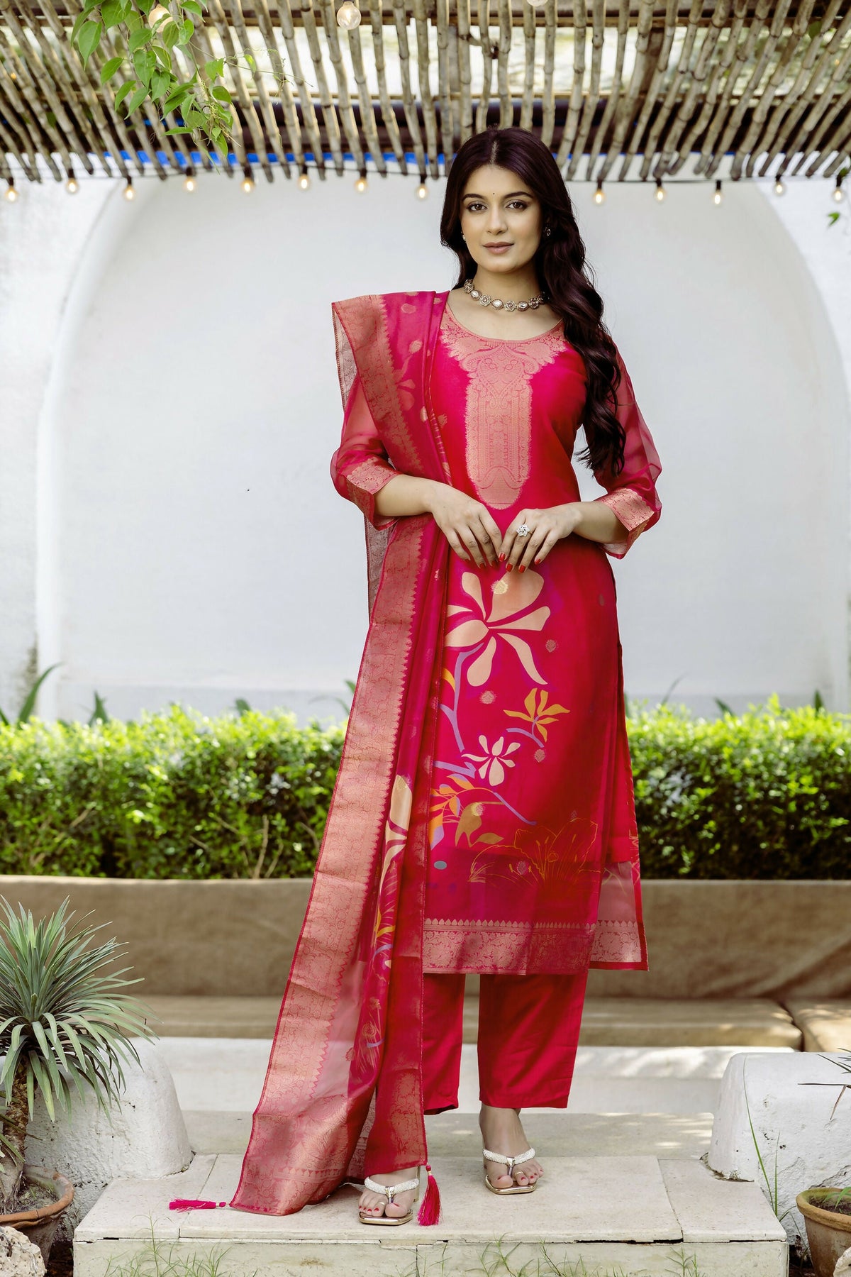 The52 Women's Beautiful Printed Work Jacquard Organza Fabric Straight Kurta Pant and Dupatta Set | Grocsy