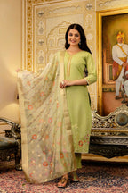 The52 Lemons Women's Beautiful Viscose Shimmer Fabric Embroidered Work Straight Kurta Pant and Dupatta Set | Grocsy