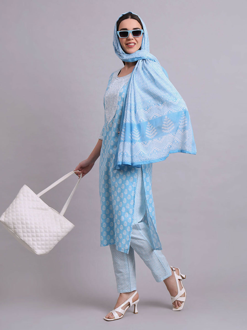 Joban Fashion Sky Blue Cotton Buti Printed & Embroidery Work Kurta With Trousers & Dupatta Set | Grocsy