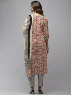 Yufta Women Beige And Rust Printed Kurta with Trouser & With Dupatta | Grocsy
