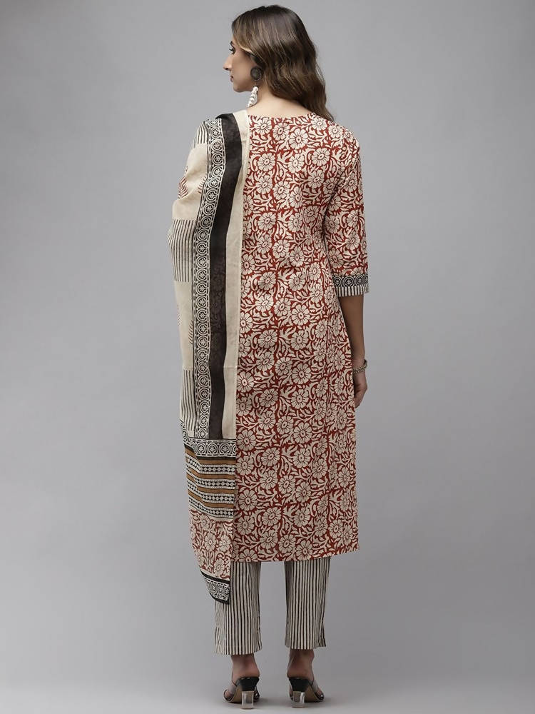 Yufta Women Beige And Rust Printed Kurta with Trouser & With Dupatta | Grocsy