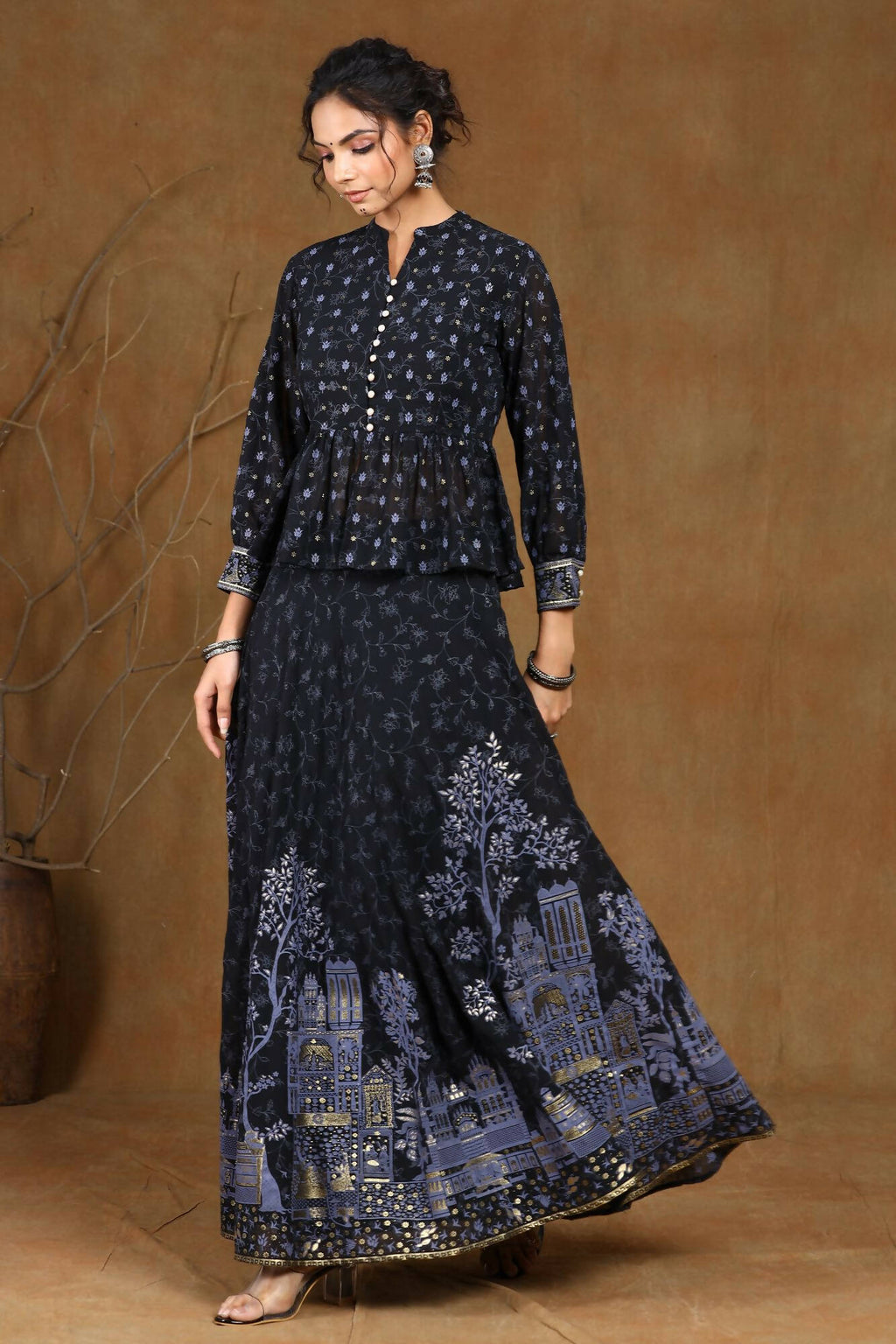 Juniper Women Black Georgette Printed Flared Lehenga Choli Sets | Grocsy
