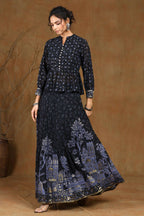 Juniper Women Black Georgette Printed Flared Lehenga Choli Sets | Grocsy