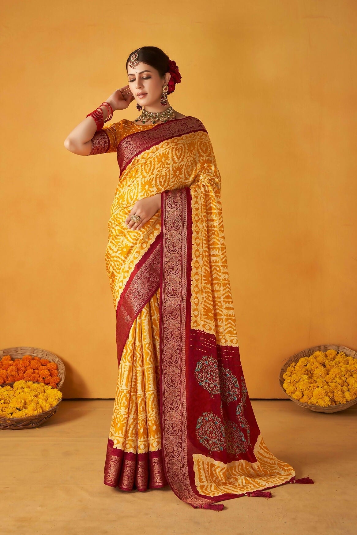 Joban Fashion Kashmiri Silk Zari Border Yellow Work Saree | Grocsy