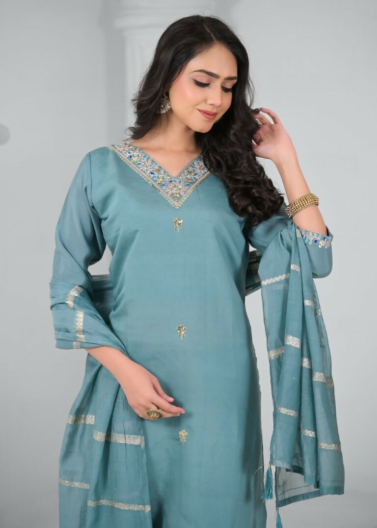 Ethnic Festive Wear Chanderi Tile Stitched Suit With Dupatta - Tanisha | Grocsy