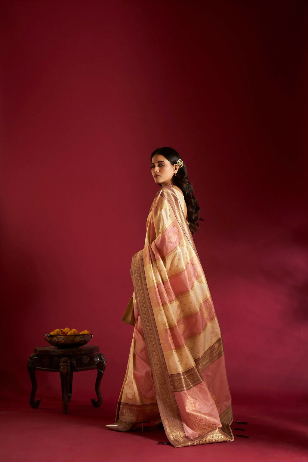 Joban Fashion Cream & Light Pink Plain With Weaving Border Banarasi Silk Sarees | Grocsy