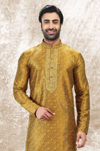 Raivat Ethnic Jacquard Silk Brocade Mirror and Thread Work Kurta Pajama In Golden Colour | Grocsy