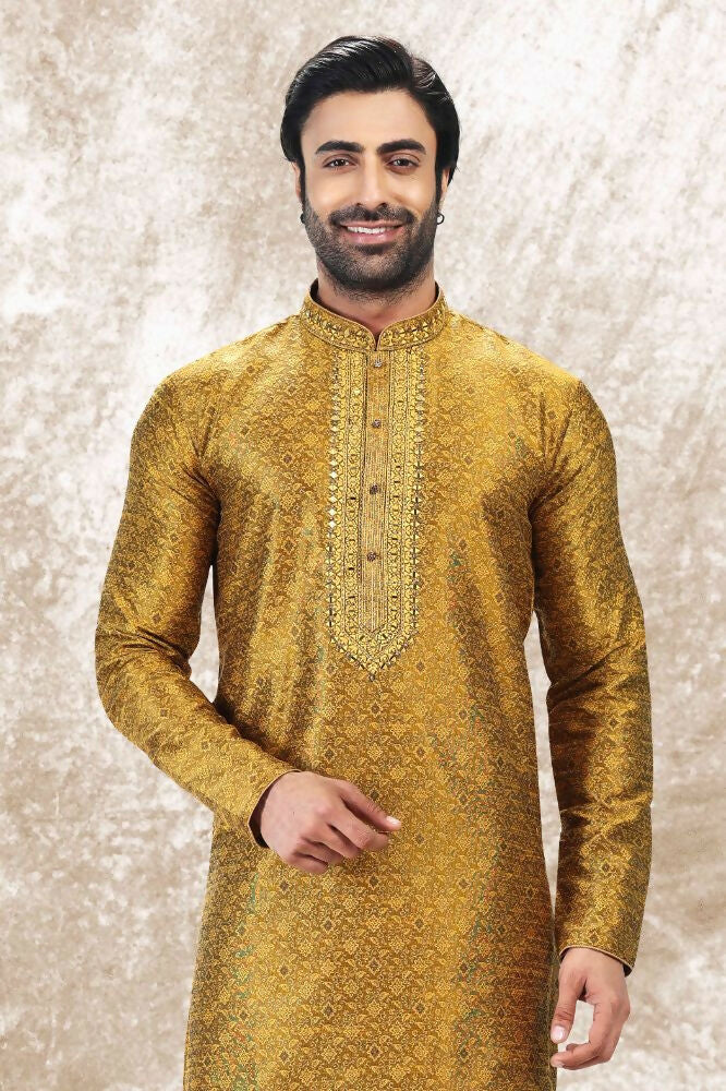 Raivat Ethnic Jacquard Silk Brocade Mirror and Thread Work Kurta Pajama In Golden Colour | Grocsy