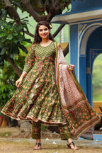 Yufta Women Green Printed Kurta With Trouser & Dupatta | Grocsy