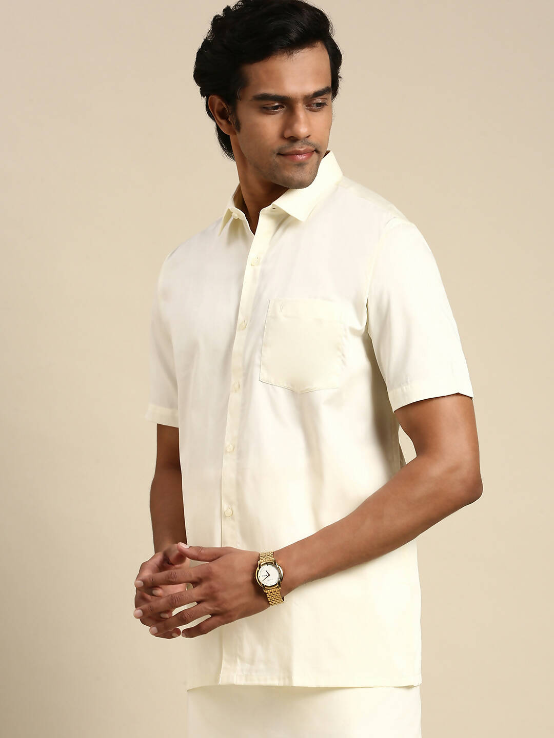 Ramraj Cotton Mens Cotton Cream Colour Half Sleeve Shirt | Grocsy