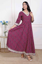 Miravan Women Maroon Floral Print Soft Cotton embroidered Anarkali Kurta | Grocsy