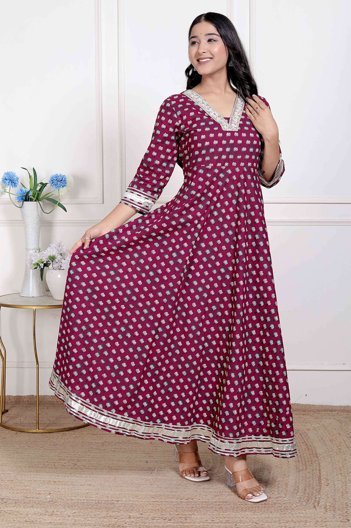 Miravan Women Maroon Floral Print Soft Cotton embroidered Anarkali Kurta | Grocsy