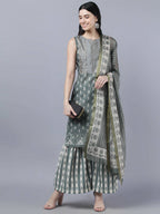 Myshka Women Grey Ethnic Motifs Printed Kurta with Shararas With Dupatta Set | Grocsy