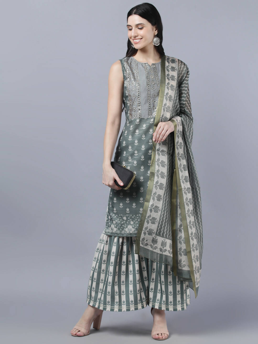 Myshka Women Grey Ethnic Motifs Printed Kurta with Shararas With Dupatta Set | Grocsy
