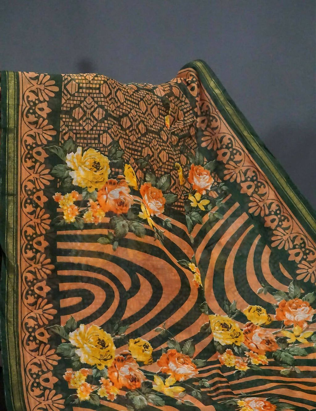 Shades Of Dark Leaf Green Floral Design Semi Chanderi Saree By Gayathri Reddy Designer Studio | Grocsy