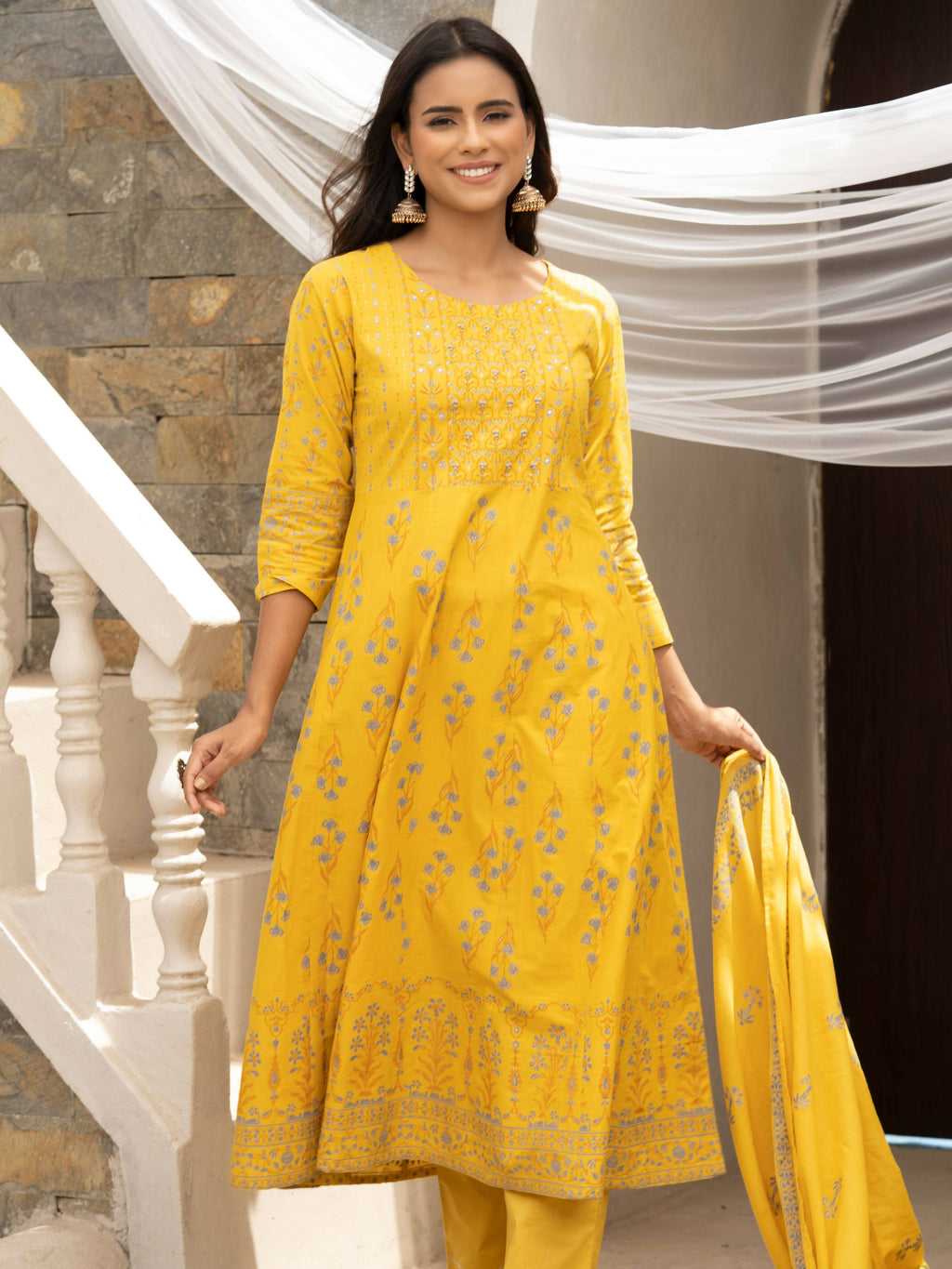 Mustard Cotton Cambric Printed with Sequins work Anarkali Kurta with Pant & Dupatta - Akashara | Grocsy