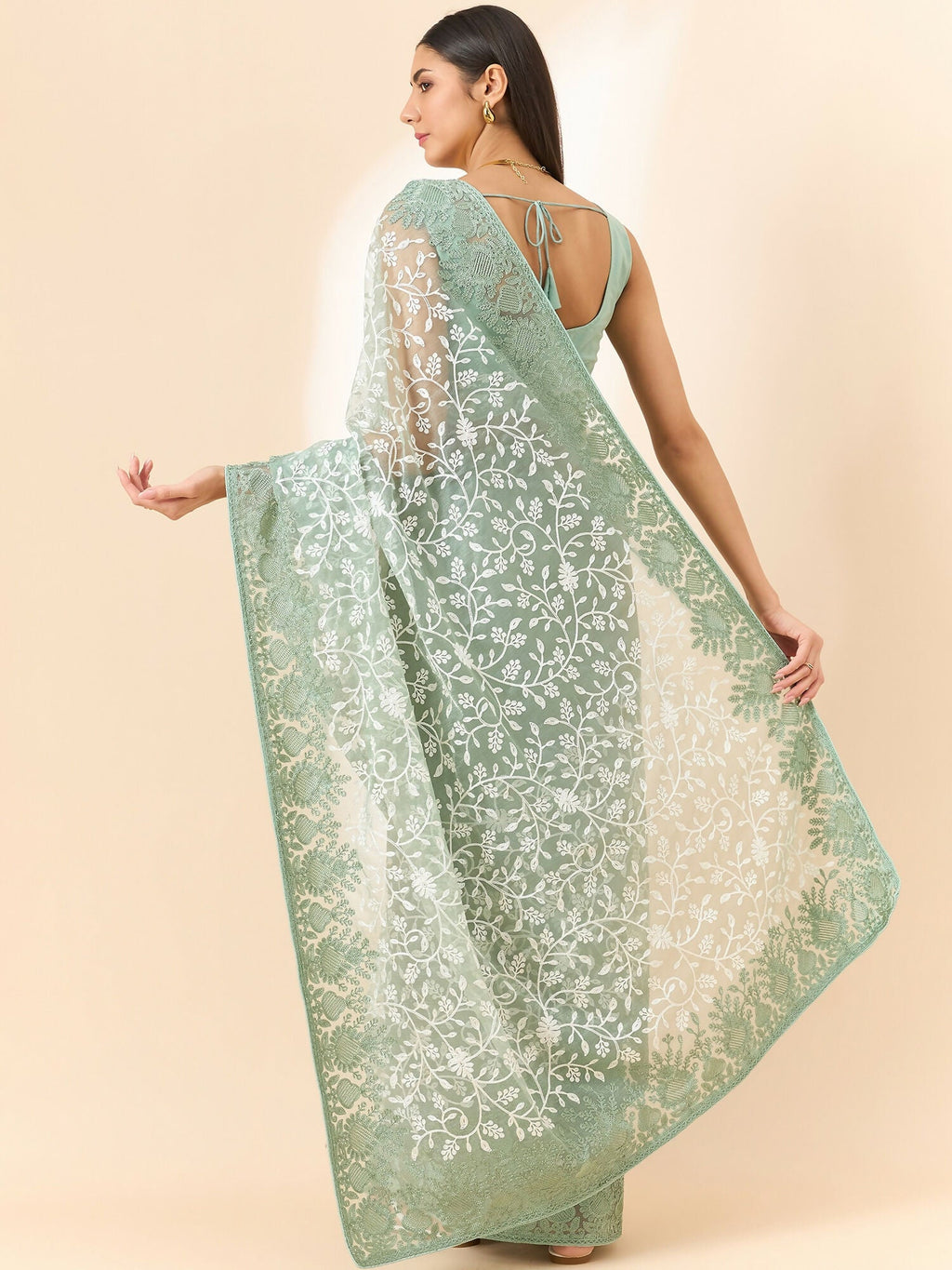 Green Organza Floral Embroidered Saree with Unstitched Blouse Piece - Roozal | Grocsy