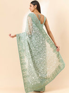 Green Organza Floral Embroidered Saree with Unstitched Blouse Piece - Roozal | Grocsy