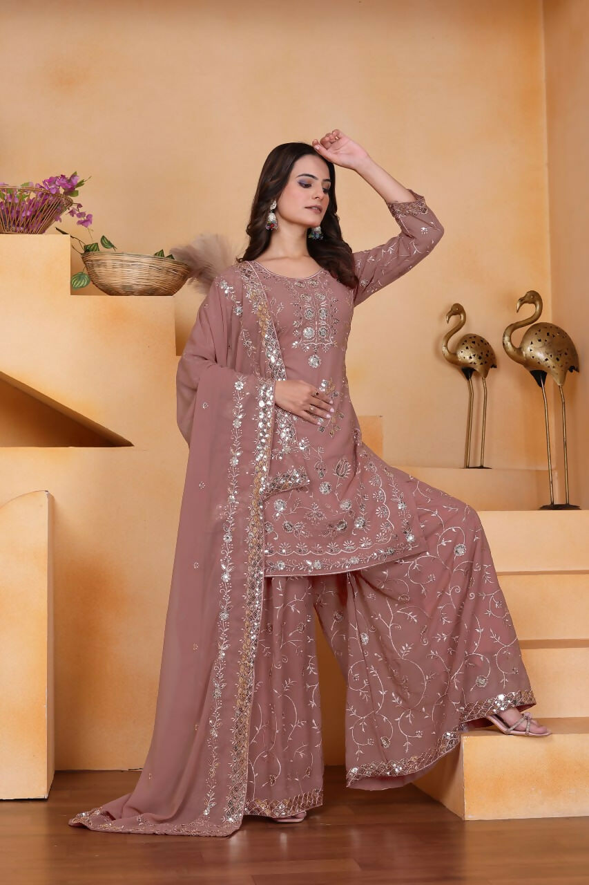 Teeya Creation Onion Color Faux Georgette Embroidery Work Wedding Wear Palazzo Set | Grocsy