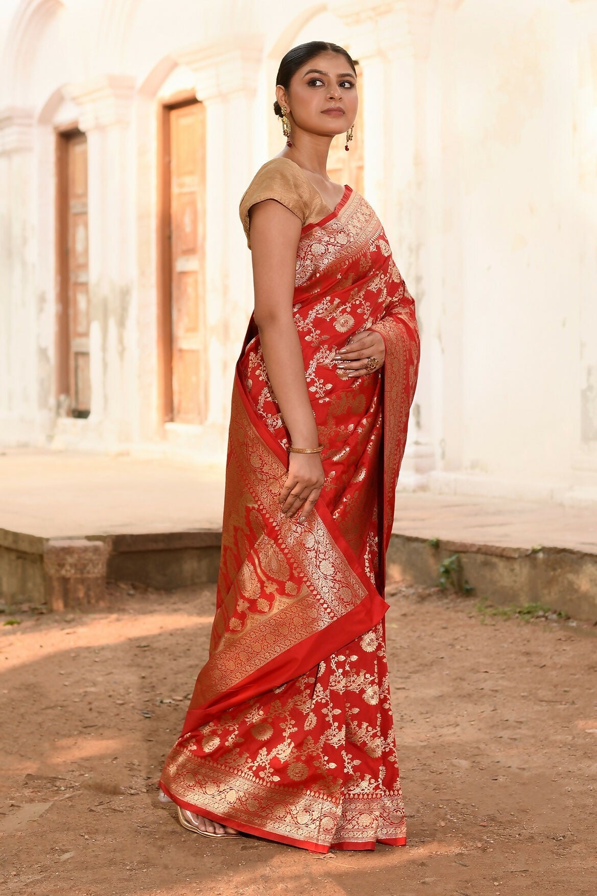Joban Fashion Red Banarasi Soft Pure Handloom Banarasi Silk Saree | Grocsy