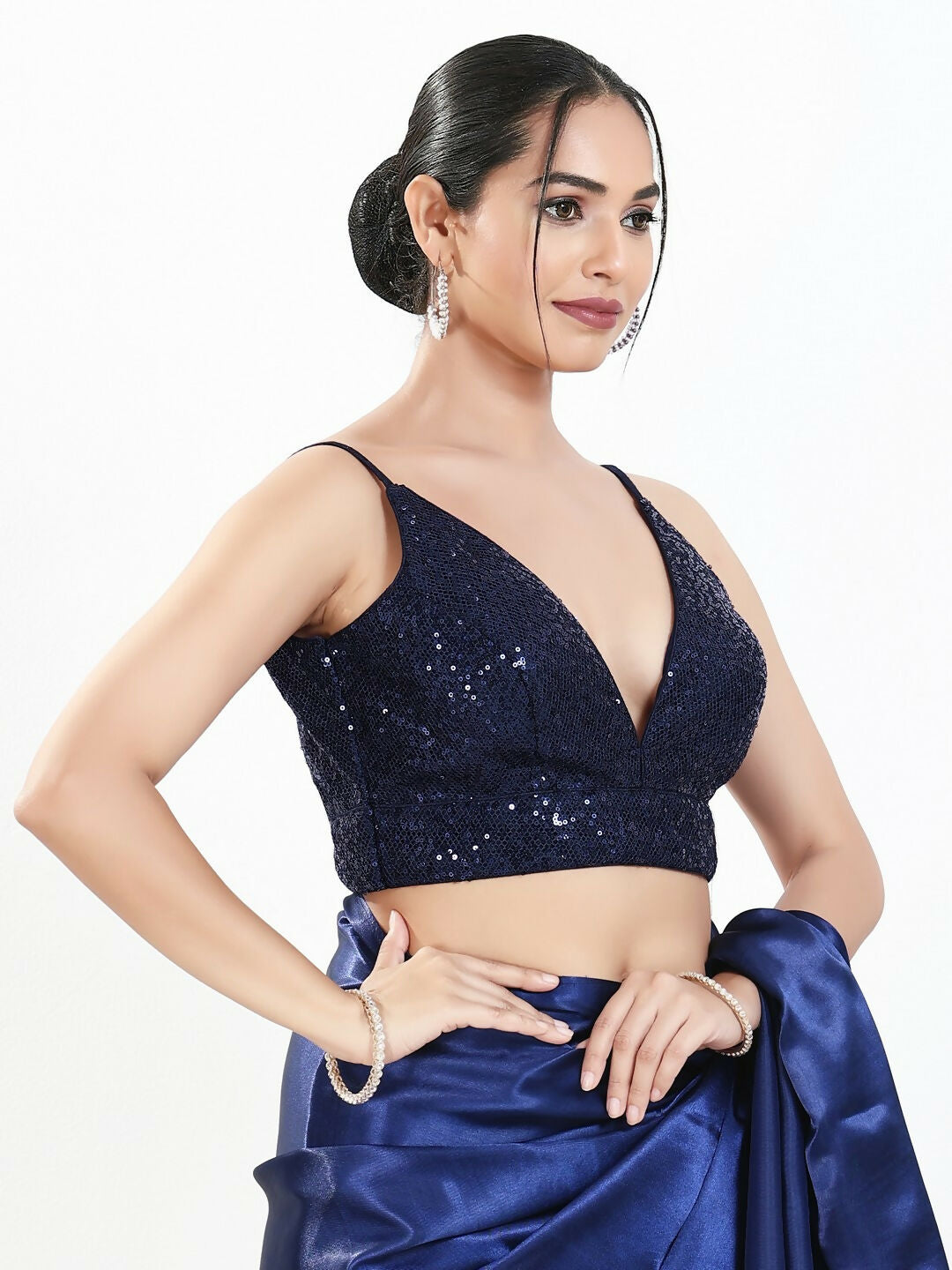 Joban Fashion Navy Blue Sequin Padded Blouse With V Neck Sleeveless | Grocsy