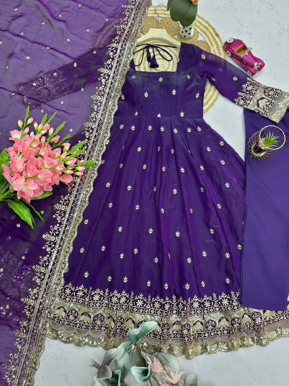 Teeya Creation Purple Fendi Silk Designer Heavy Work Wedding Wear Long Gown | Grocsy