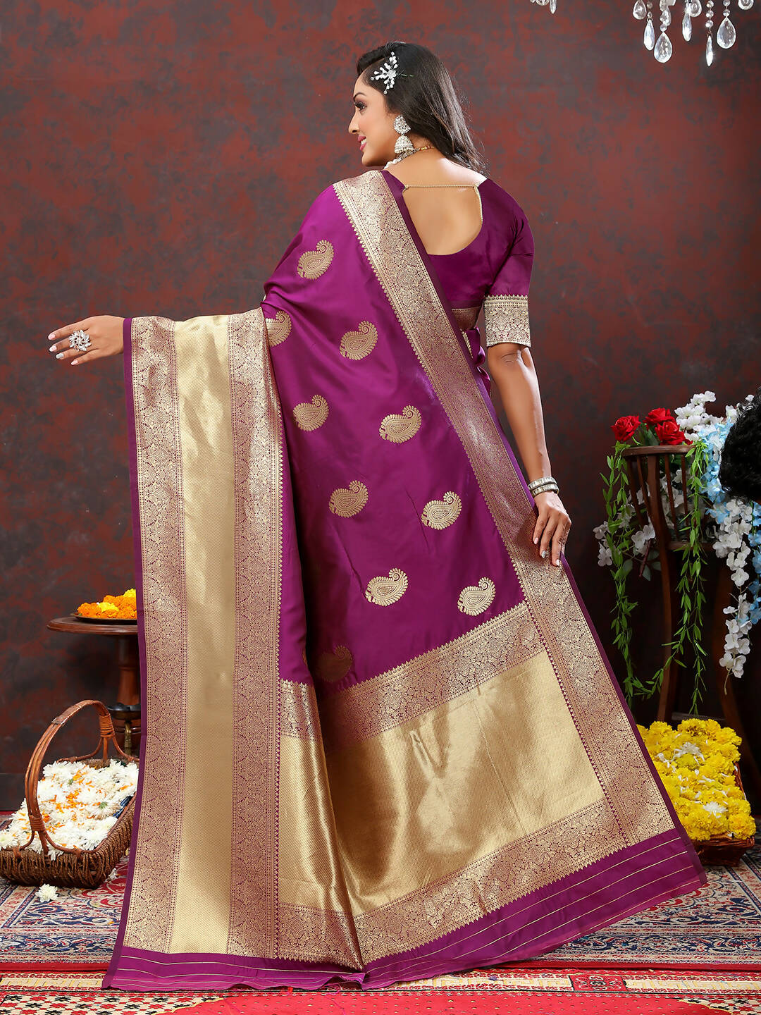Lorenvalley Fashion Wine Soft Silk Woven Design Gold Zari Weaving Saree | Grocsy