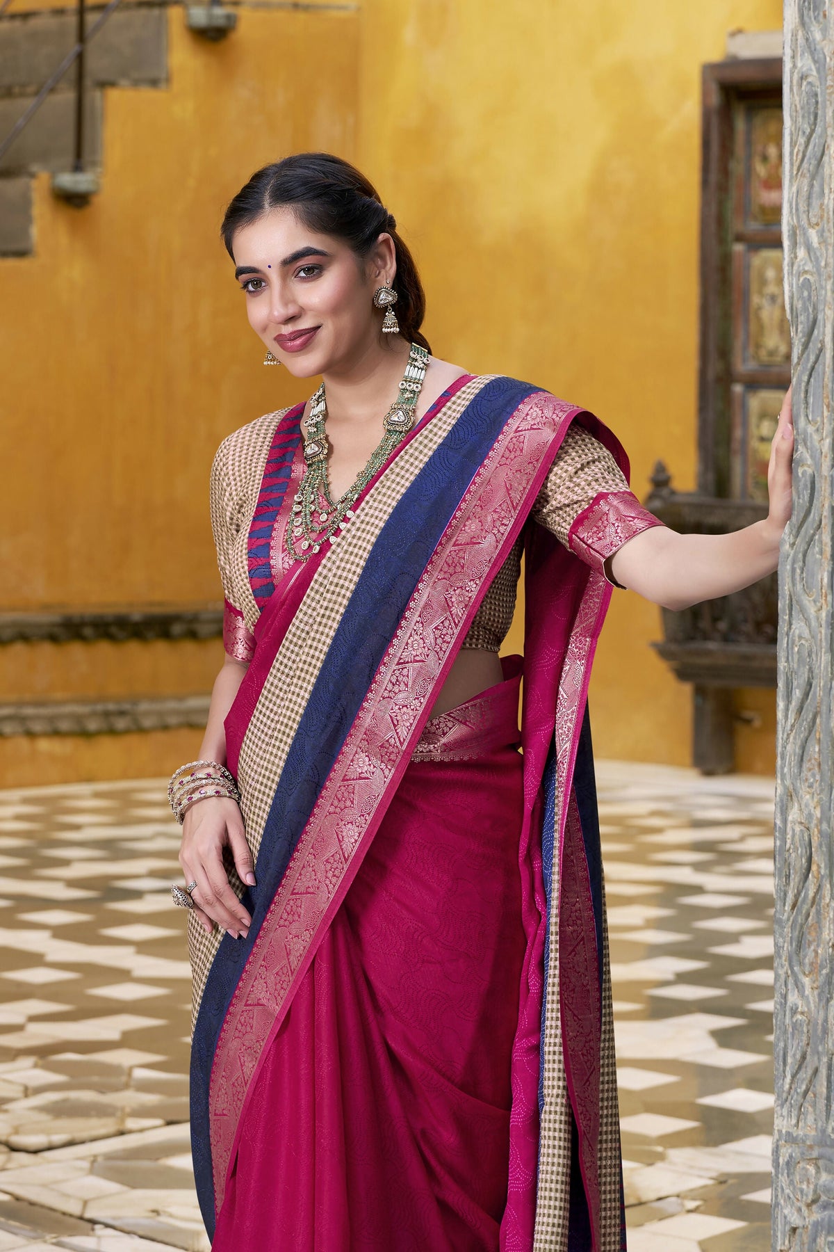 Vastranavya Pink Printed with Zari Weaving Work Poly Cotton Saree & Unstitched Blouse | Grocsy
