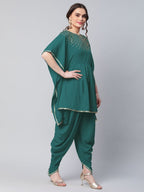 Ahalyaa Women Dark Green Crepe Glitter Printed Kurta with Dhoti Pants | Grocsy
