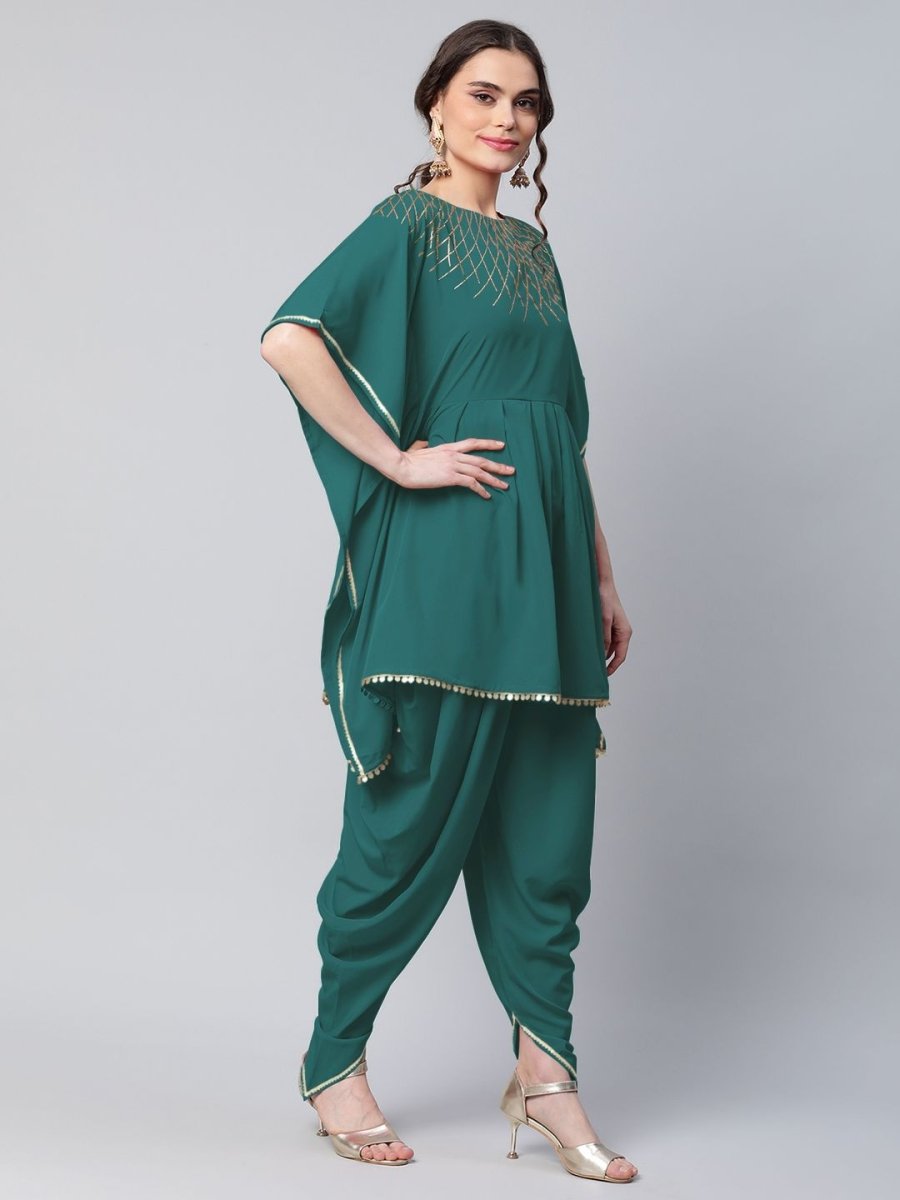 Ahalyaa Women Dark Green Crepe Glitter Printed Kurta with Dhoti Pants | Grocsy