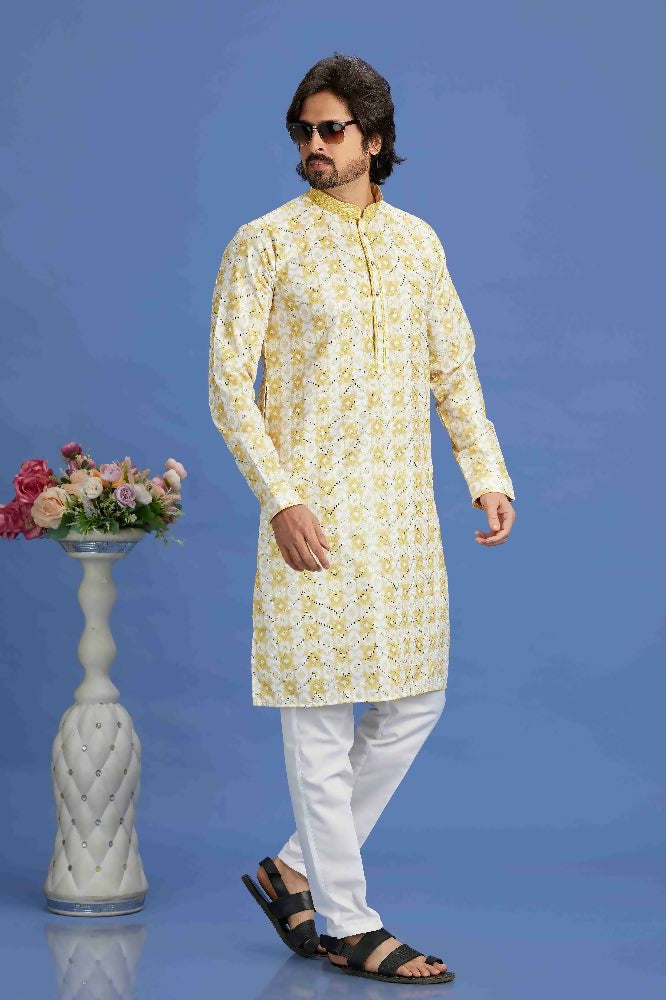 Raivat Ethnic Cotton Embroidery Kurta Pajama In Yellow Colour | Grocsy