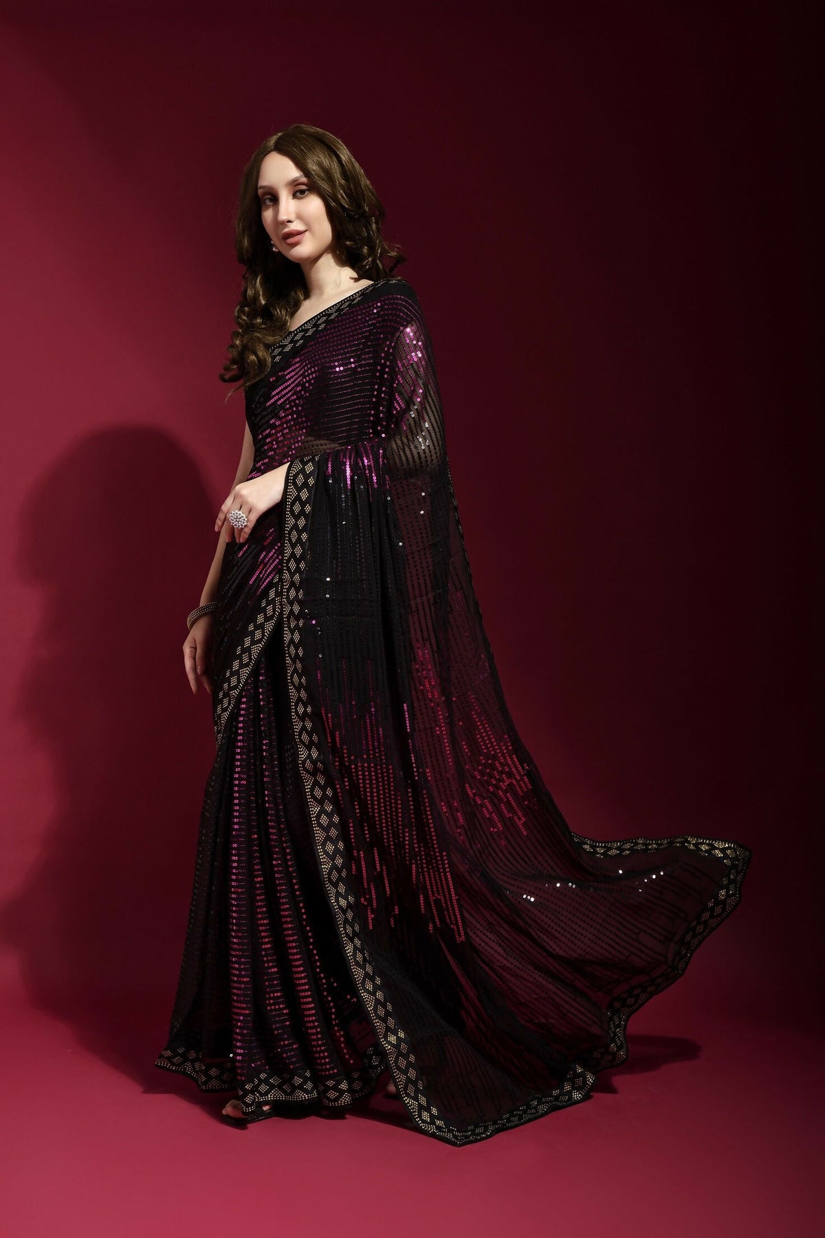 Vegaa Fashion Black Georgette Embroidered Party Wear Saree | Grocsy