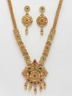 NVR Women's Gold-Polished Pink & Green Stone-Studded Peacock Design Temple Jewellery Set | Grocsy