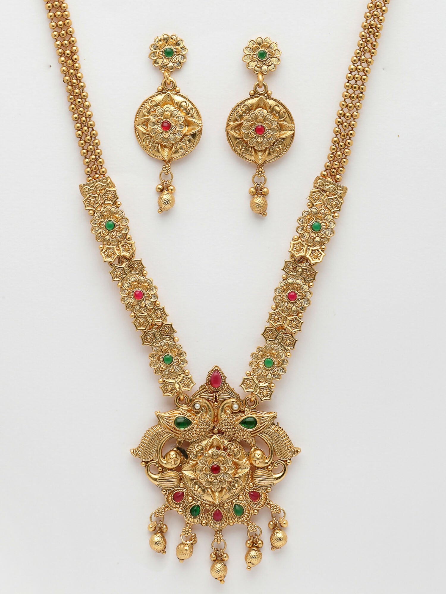 NVR Women's Gold-Polished Pink & Green Stone-Studded Peacock Design Temple Jewellery Set | Grocsy