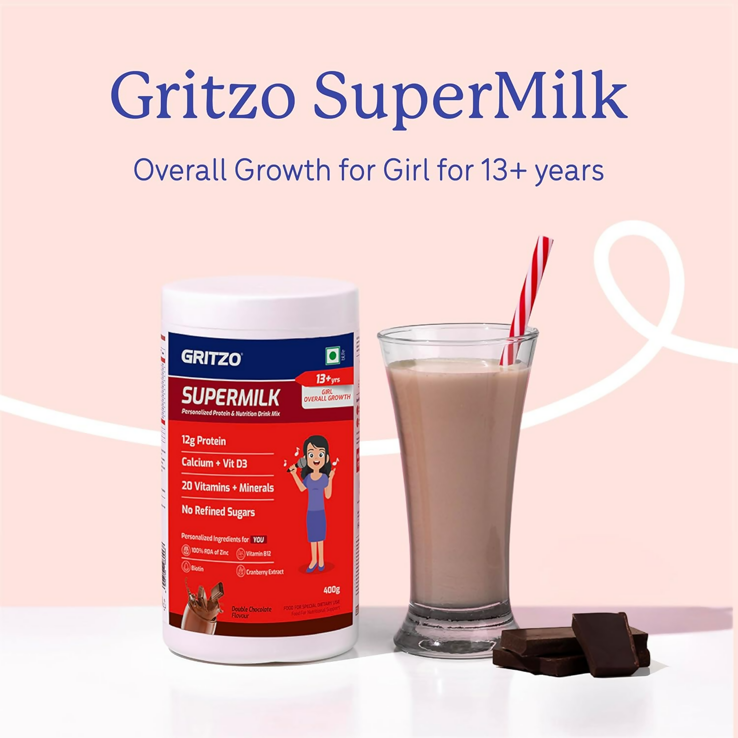 Gritzo SuperMilk Overall Growth (13+y Girls) (Double Chocolate ) with Super Gummies (Natural Orange Flavour) | Grocsy