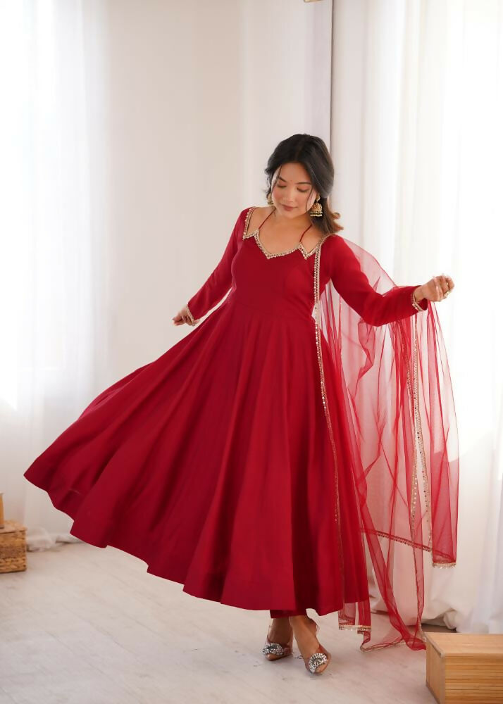 The52 Women's Gorgeous Embroidery Work Roman Silk Chanderi Fabric Flared Anarkali Pant and Dupatta Set-Maroon | Grocsy