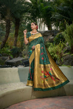 Jyoti Fashion Women's Bottle Green Paithani Silk Zari Woven Saree with Blouse | Grocsy