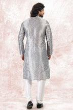 Raivat Ethnic Jacquard Banarasi Silk Digital Print Kurta Pajama In Grey Colour | Grocsy