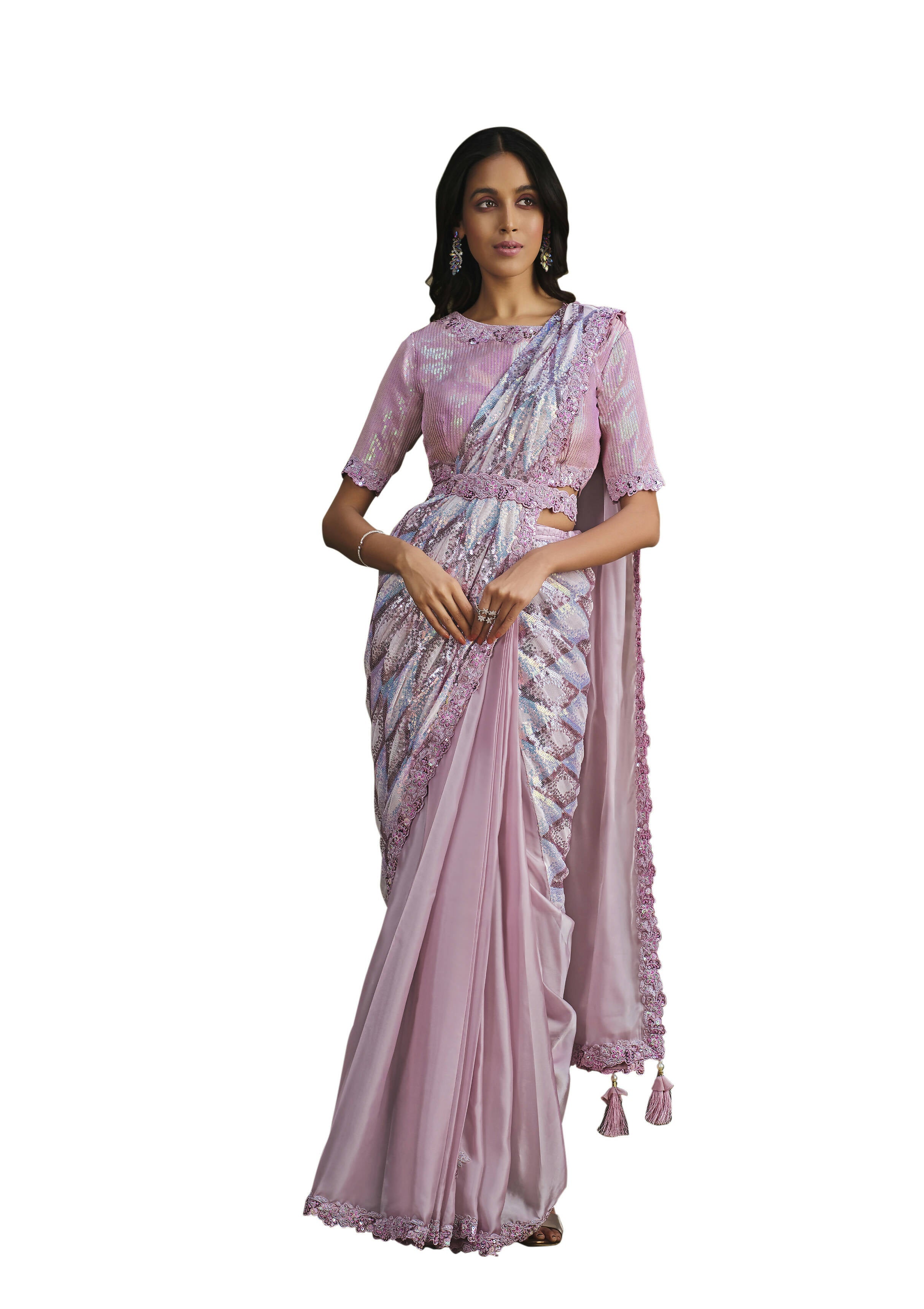 Light Pink Crepe Satin Silk Sequence Embroidered Saree With Stitched Blouse - Mohmanthan La Belle | Grocsy