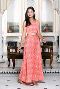 Miravan Women's Peach Animal Print Round Neck Top With Side Slit Skirt Co-Ord Set | Grocsy
