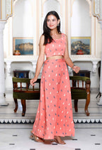 Miravan Women's Peach Animal Print Round Neck Top With Side Slit Skirt Co-Ord Set | Grocsy
