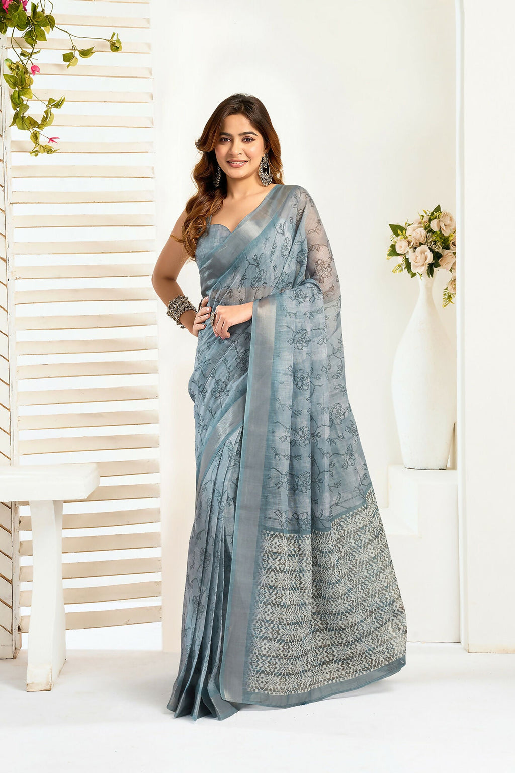 Vastranavya Sea Blue Digital Printed Linen Ready To Wear Designer Saree with Unstitched Blouse | Grocsy