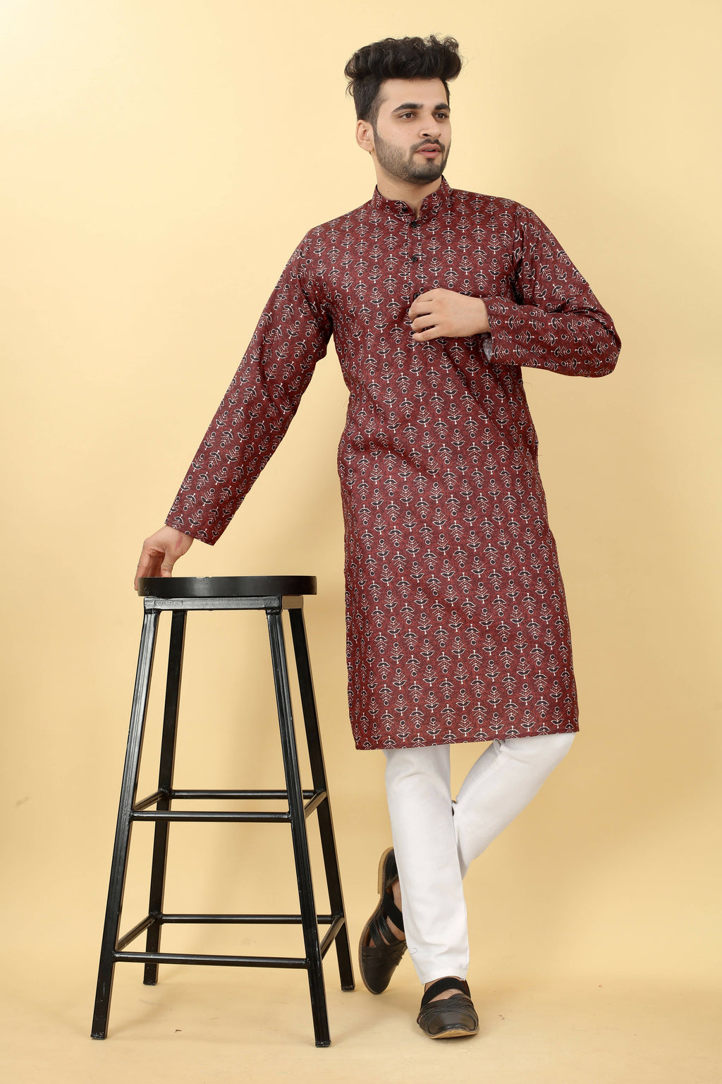 Maroon Cotton Printed Men's Kurta - Mahotsav | Grocsy