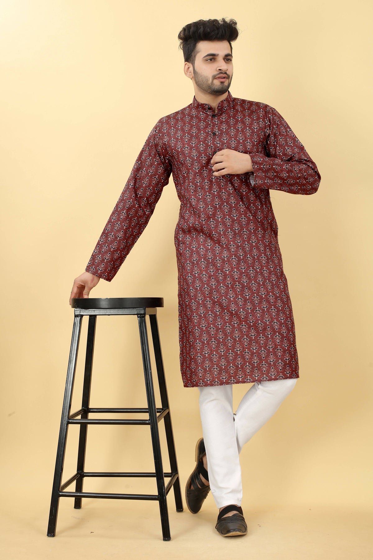Maroon Cotton Printed Men's Kurta - Mahotsav | Grocsy