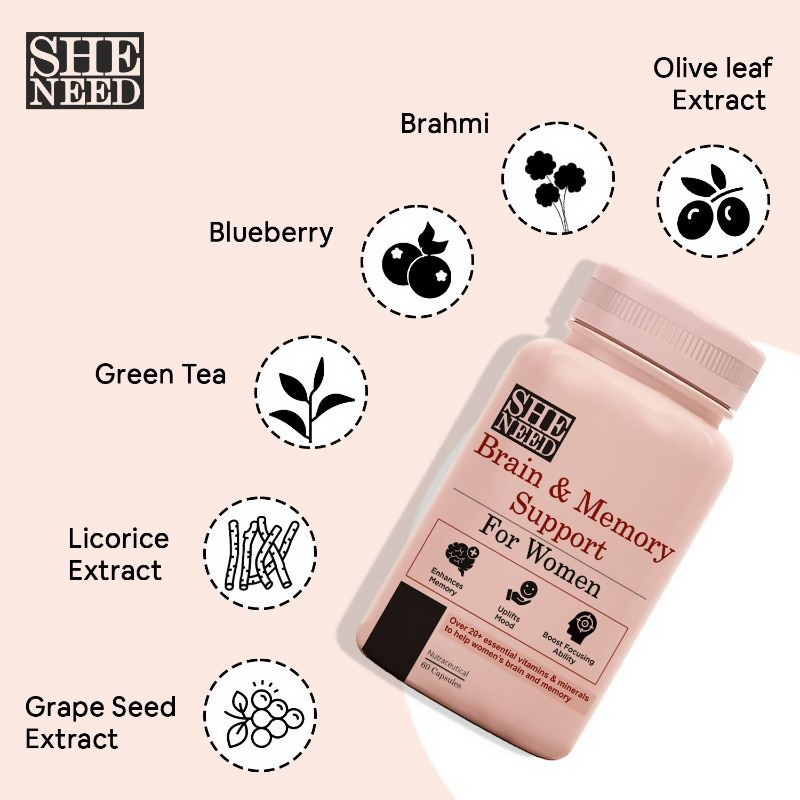 SheNeed Women’s Brain & Memory Supports Supplement Capsules | Grocsy