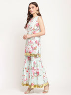 Ahalyaa Women's Mint Green Crepe Digital Floral Print Kurta Sharara Set with Dupatta | Grocsy