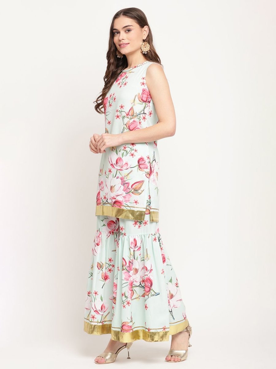 Ahalyaa Women's Mint Green Crepe Digital Floral Print Kurta Sharara Set with Dupatta | Grocsy