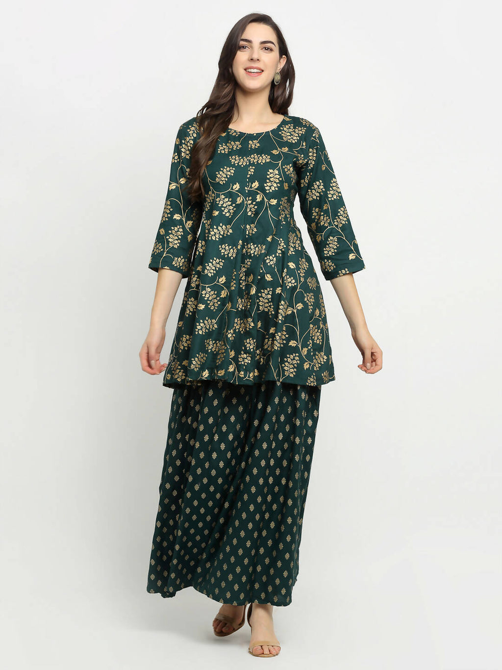 Rudra Bazaar Green Gold Printed Short Kurti With Skirt | Grocsy