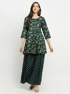 Rudra Bazaar Green Gold Printed Short Kurti With Skirt | Grocsy